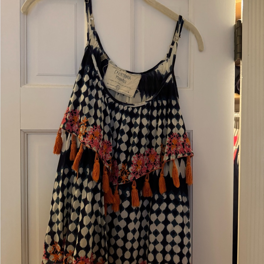 Navy and White Polka Dot Dress with Floral Accents